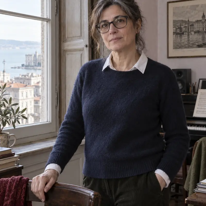 Ritratto di Renata Coslovich accanto a una finestra alta con gli scuri interni aperti