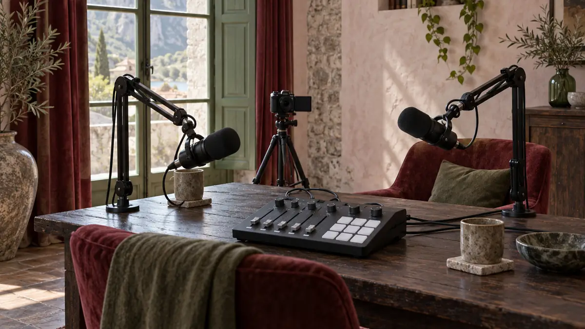Una console per podcast e dirette con grandi fader, due microfoni broadcast e una piccola videocamera