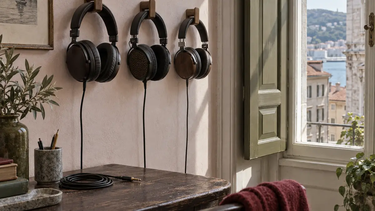 Tre paia di cuffie da studio, chiuse e aperte, appese a una parete chiara accanto alla finestra