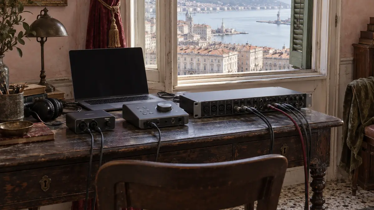 Tre interfacce audio di misure diverse su una scrivania scura, con cavi collegati e un portatile
