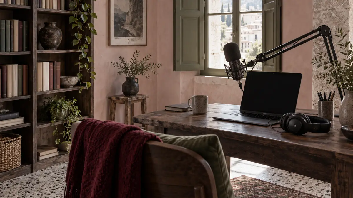 Un microfono per podcast su braccio da tavolo, davanti a un portatile, con le cuffie accanto