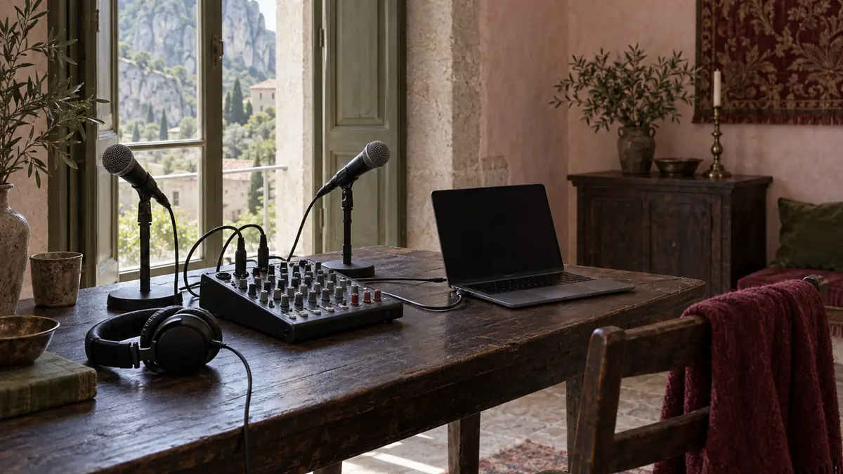 Un mixer analogico collegato a un portatile con un cavo USB, con due microfoni e un paio di cuffie