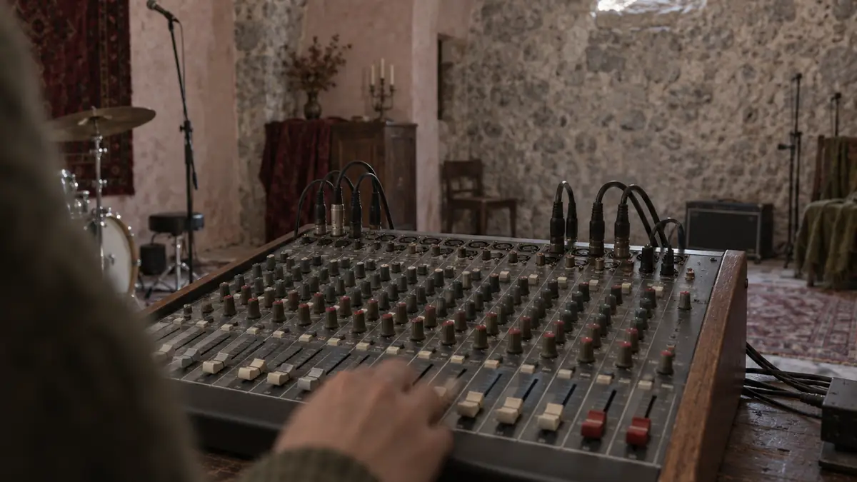 Un mixer analogico compatto su un tavolo di legno in una sala prove con muri di pietra