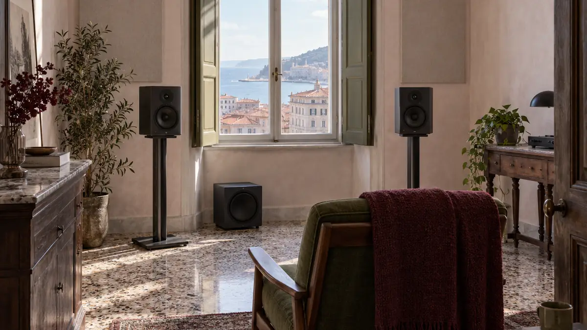 Due monitor da studio su supporti che formano un triangolo con la sedia, e un subwoofer sotto il tavolo