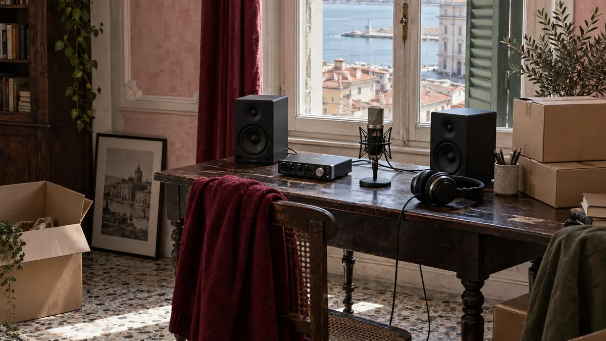 Un primo home studio ancora da disimballare: interfaccia, microfono, cuffie e due piccoli monitor