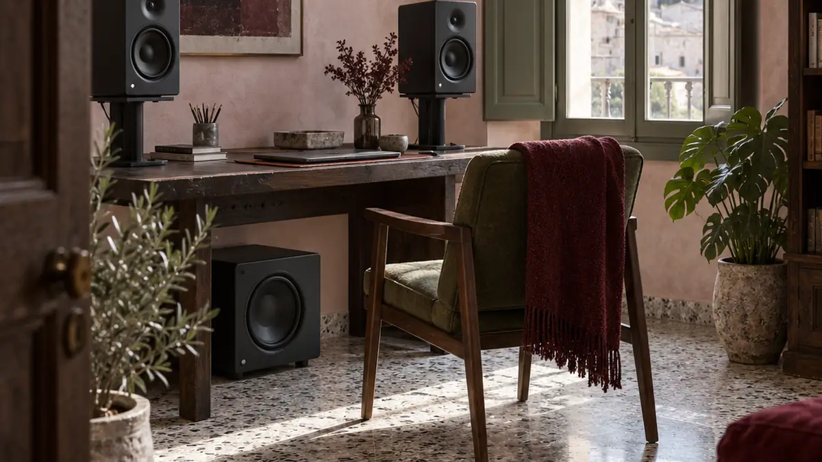 Un subwoofer da studio sotto la scrivania e due monitor sui supporti sopra