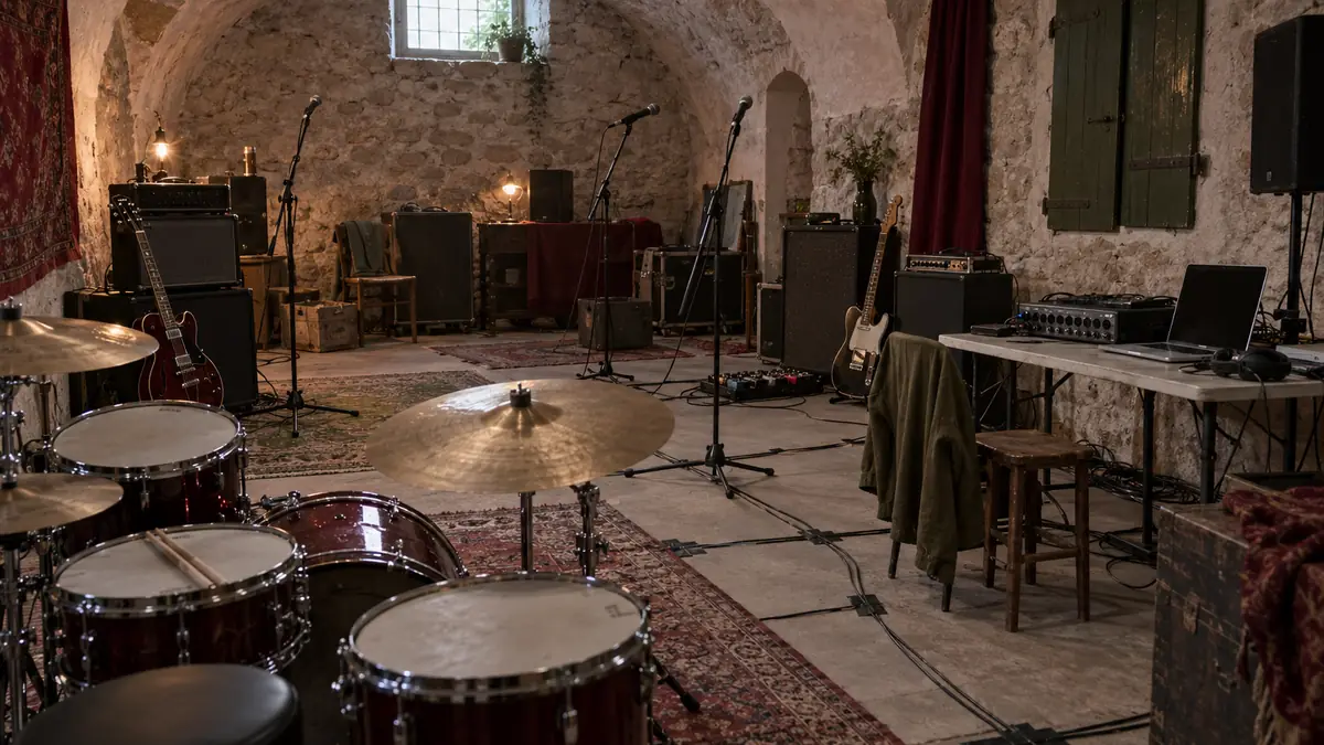 Una sala prove a volta con strumenti microfonati, un'interfaccia multicanale e un portatile