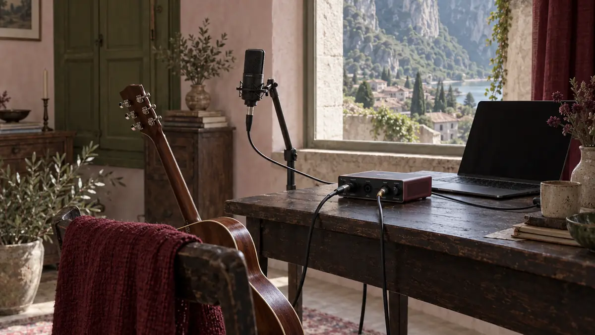 Un'interfaccia audio a due ingressi con un microfono e una chitarra acustica collegati