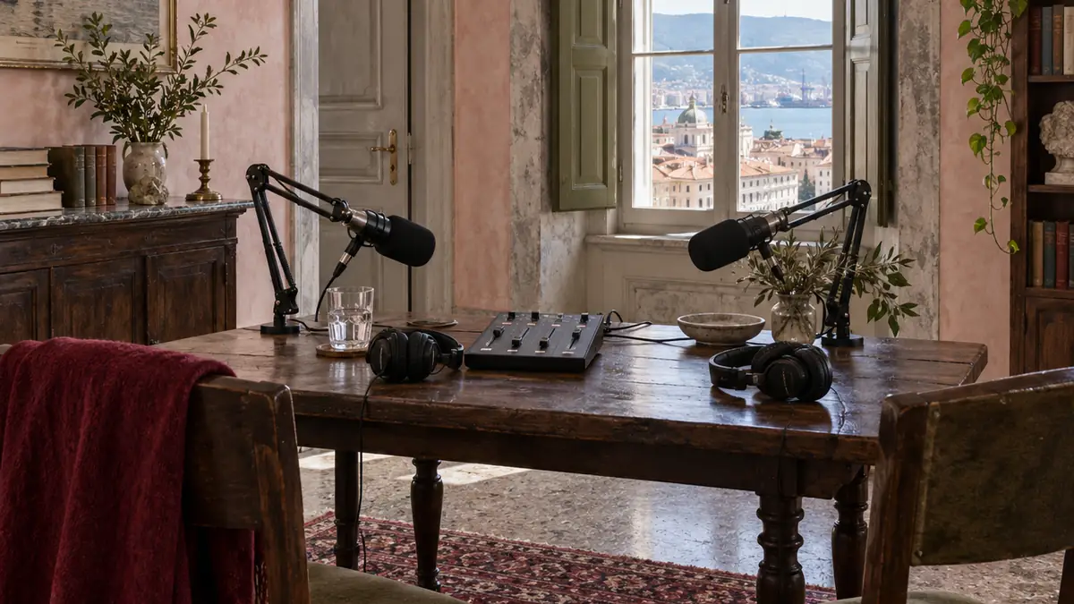 Due postazioni affacciate con microfoni broadcast su bracci, una console per podcast e due paia di cuffie