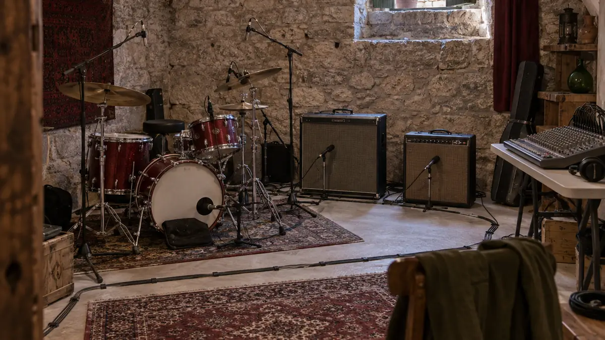 Una sala prove a volta con muri di pietra, una batteria microfonata, due amplificatori e un mixer analogico