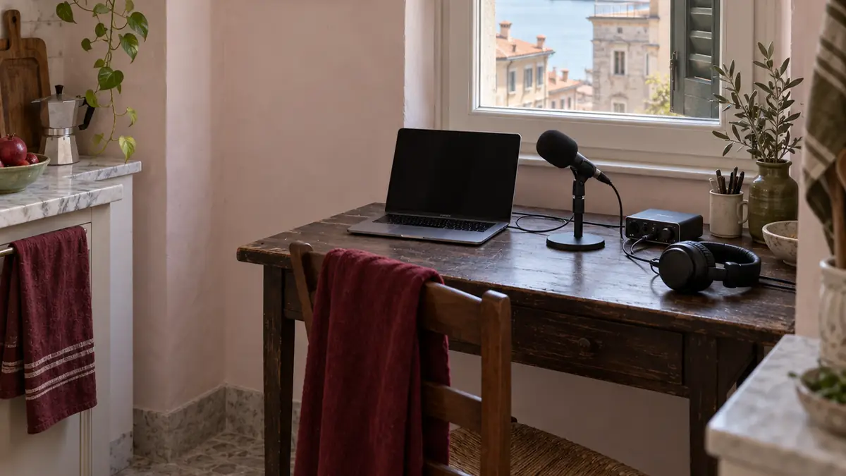 Un angolo di cucina trasformato in primo posto di registrazione, con interfaccia, microfono dinamico e cuffie chiuse